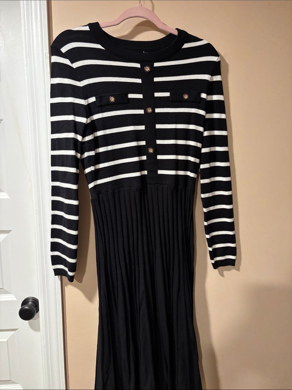 Black and White Striped Long Sleeve Midi Dress